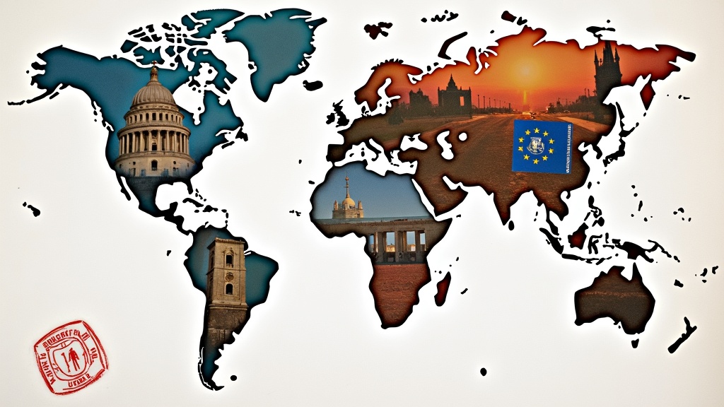 A collage of iconic European landmarks, passport stamps, and a world map, symbolizing the Schengen travel experience.