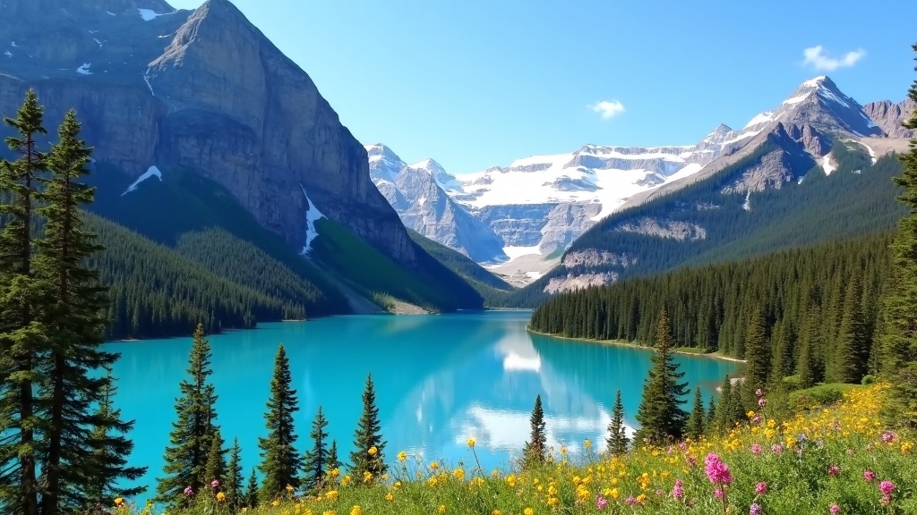 A scenic mountain landscape in Banff National Park with turquoise lake and pine trees