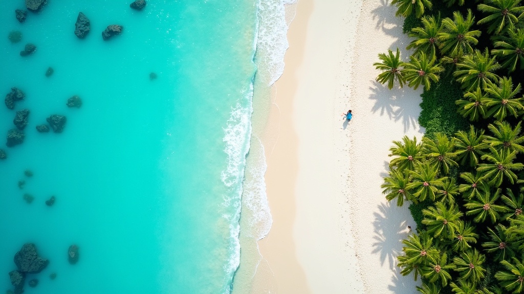 Caribbean beach with palm trees, turquoise water, and white sand