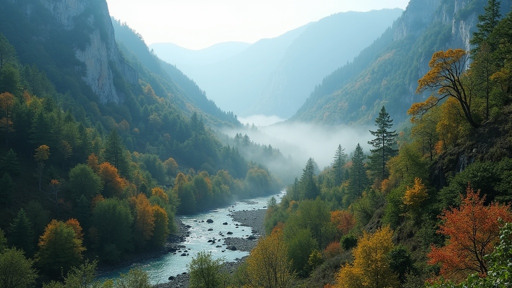 Mountain valley with winding river and lush trees, morning mist, vibrant natural colors