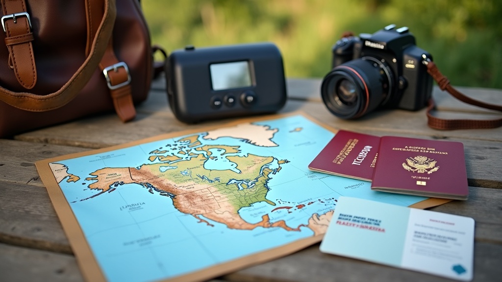 Scenic North American landscape with a passport, insurance papers, and travel gear arranged on a map.