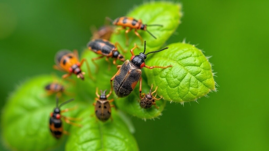 A close-up of various outdoor insect pests shown at different life cycle stages among leaves and garden plants.