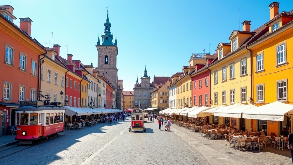 A colorful European city square with historic architecture and lively outdoor cafes.