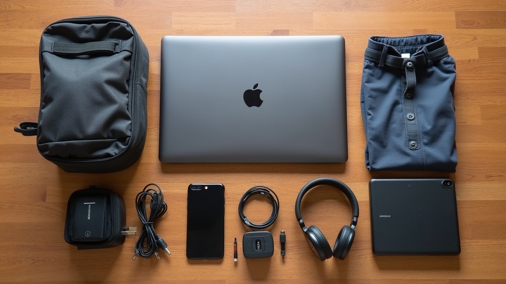 A compact setup of a laptop, camera, headphones, and cables neatly arranged on a wooden surface with minimal clutter.