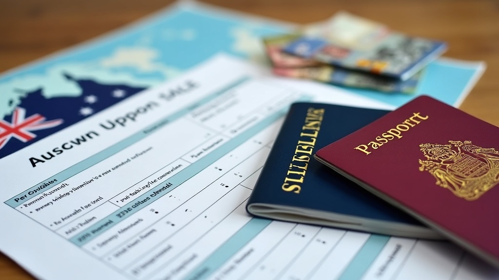 A spread of Australian travel documents, passports, and visa forms on a wooden desk