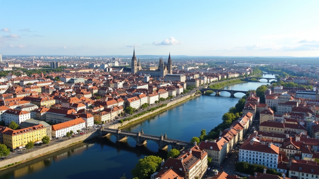 Aerial view of a European city with winding river, medieval bridges, and colorful rooftops