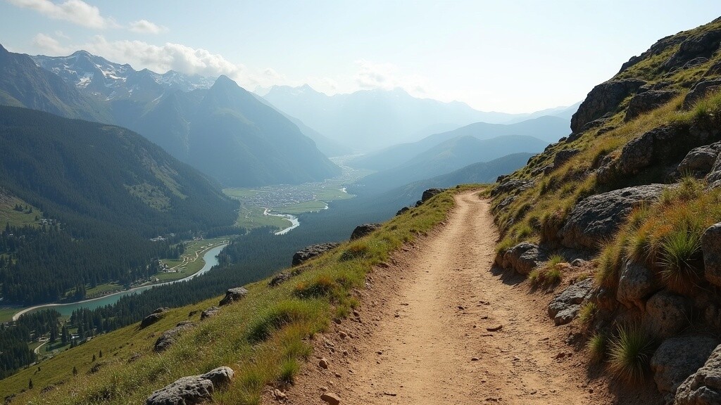 An ancient path winding through a landscape with mountains and rivers in the distance.
