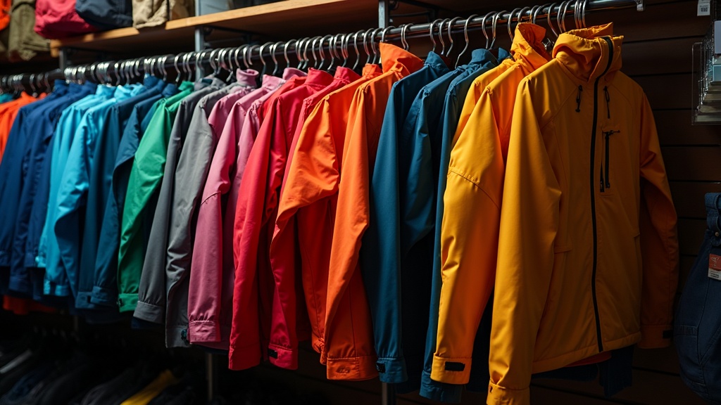 Colorful rack of outdoor clothing, including jackets and pants, in a bright gear store