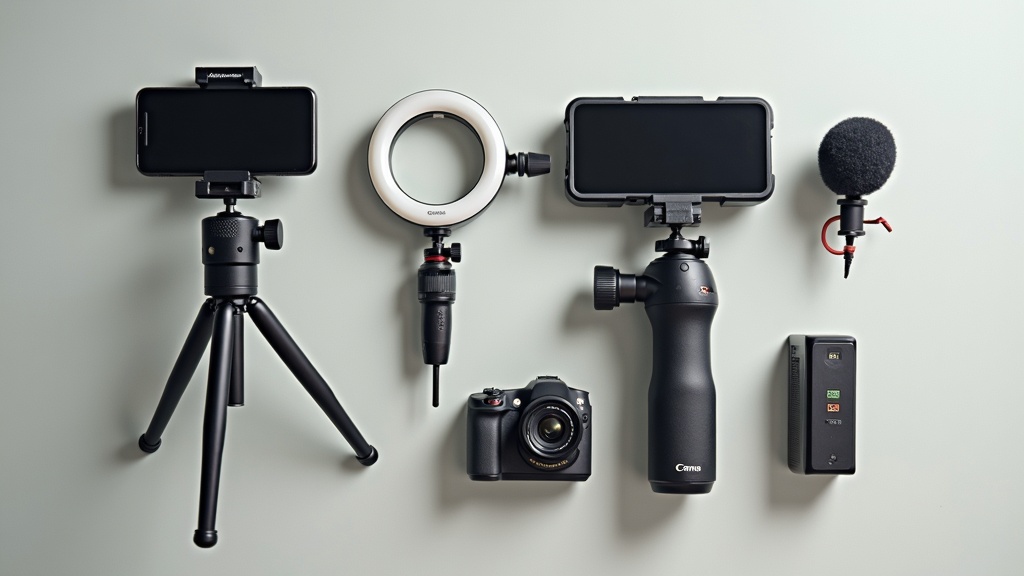 Flat lay of affordable gadgets used by social media content creators, including a ring light, smartphone tripod, microphone, and budget action camera.