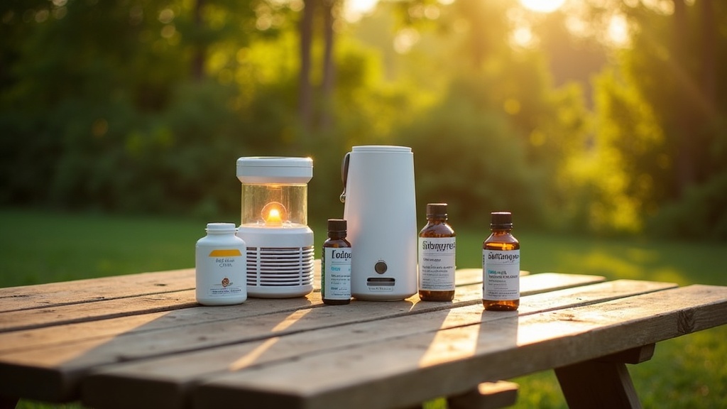 Portable mosquito repellent devices and traps on a wooden picnic table outdoors surrounded by greenery and soft sunlight