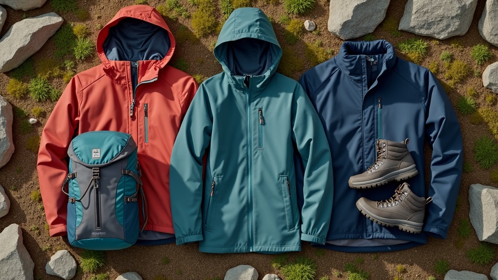 Affordable outdoor clothing brands gear flat lay, including jackets, hiking boots, and backpacks among natural elements like rocks and moss.