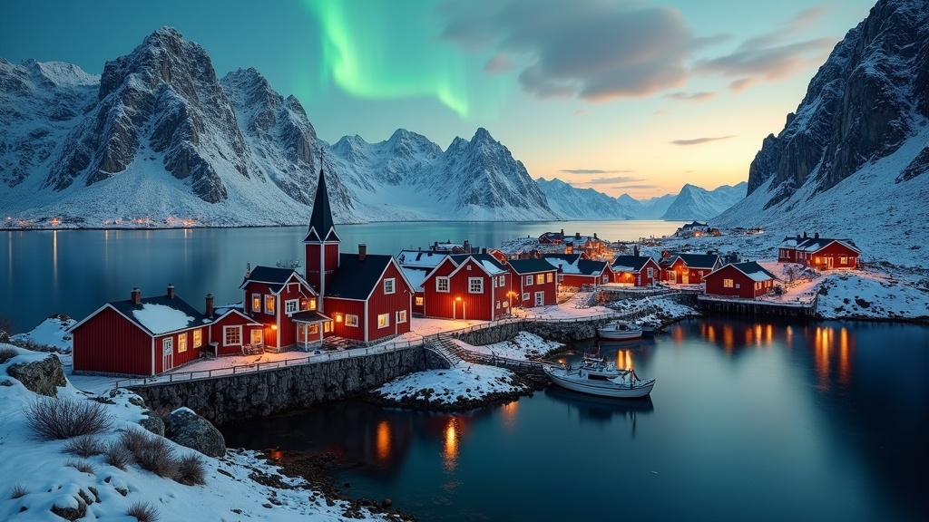 Colorful Scandinavian village set among fjords and mountains at golden hour, Northern Lights in background