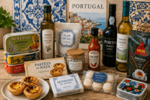 Portuguese food souvenirs including sardine tins, olive oil, piri piri sauce, wine, coffee, and packaged sweets on a wooden table